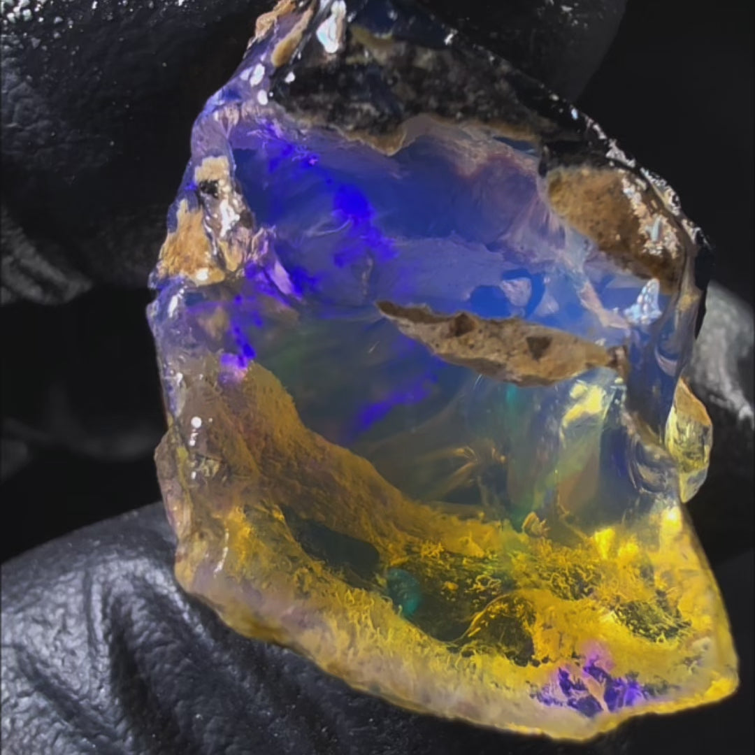 8.37 gr Natural Ethiopian Welo Water Opal – Dominant Electric Blue, Violet & Golden Honey Fire – Raw Water Opal – One-of-a-Kind Collector Grade