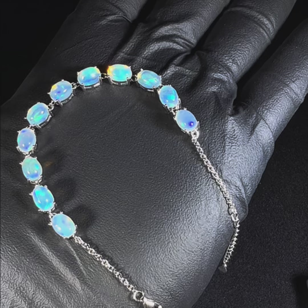 14 Ct AAA Quality Natural Ethiopian Welo Opal Bracelet – Soft Neon Blue, Electric Green & Aqua Fire | One-of-a-Kind