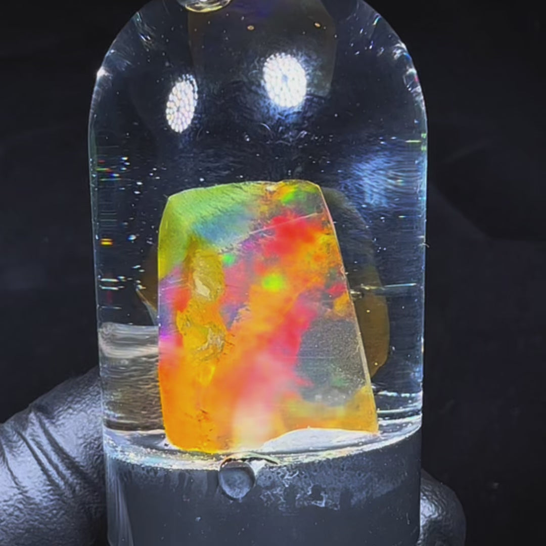 4.77 Gram Natural Ethiopian Welo Crystal Water Opal Specimen – Dominant Neon Green Ribbon Fire, Fiery Orange & Rainbow Flash – Freeform Floating Crystal Opal – Collector Display Grade