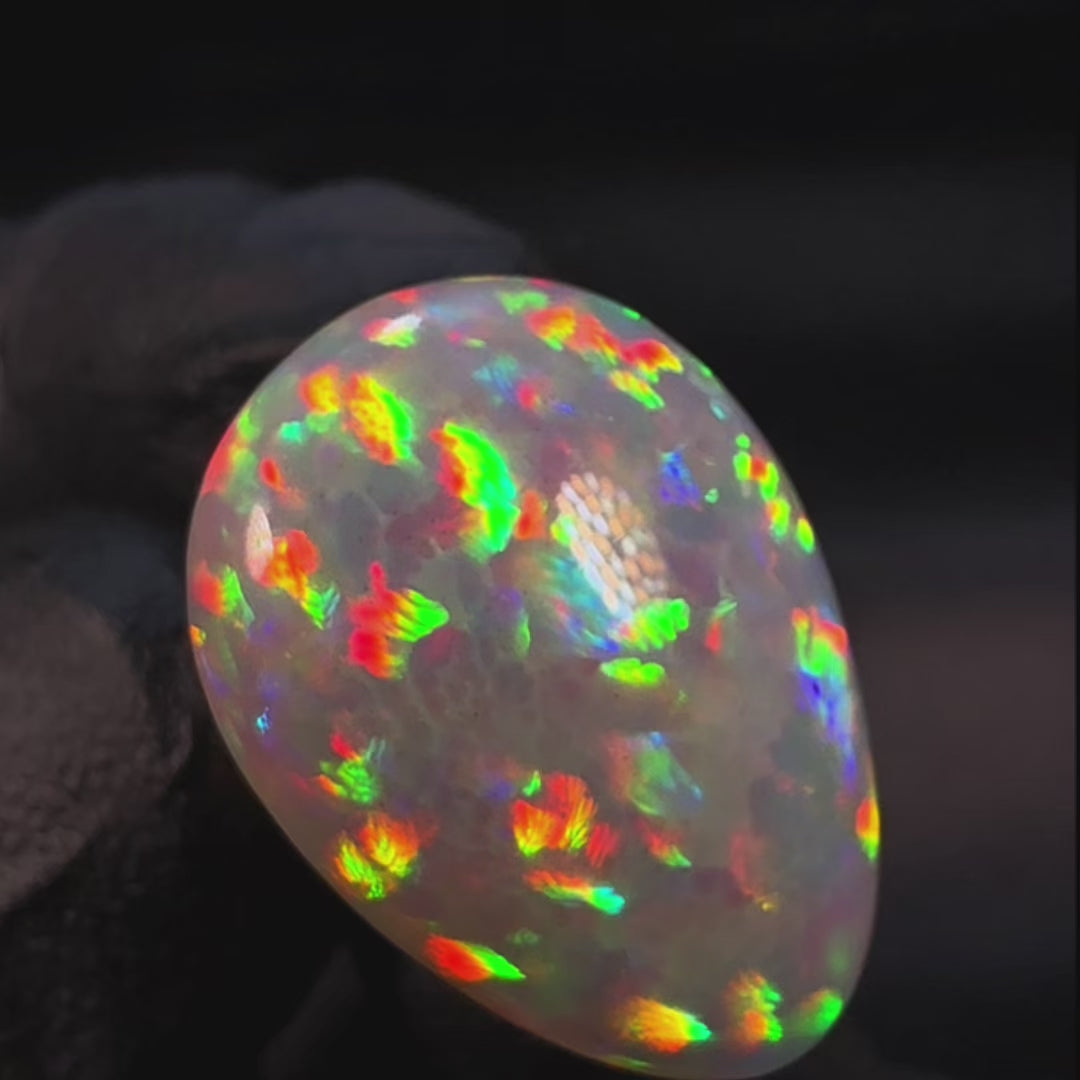 11.95ct AAA quality Natural Ethiopian Welo Opal – Pear Cabochon – Deep Fiery Red, Neon Green & Electric Orange Fire – Honeycomb Confetti Pattern – AAA Collector Grade