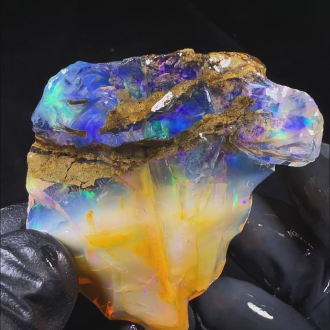 44.8 gr Natural Ethiopian Welo Water Opal – Dominant Electric Blue, Golden Honey & Neon Green Fire – Raw Water Opal – One-of-a-Kind Collector Grade