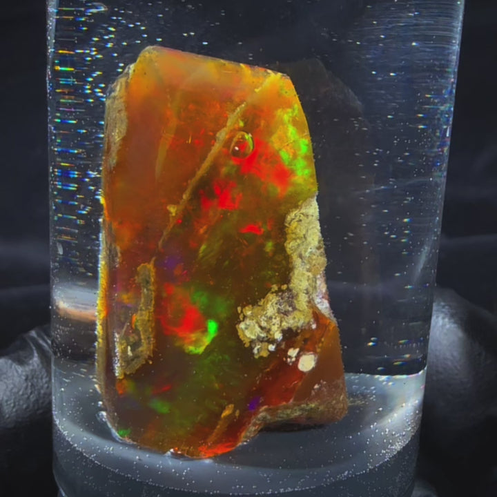 19.16 Gram Natural Ethiopian Welo Crystal Water Opal Specimen – Dominant Fiery Red, Orange & Neon Green Fire – Freeform Honey Crystal Opal – Collector Display Grade