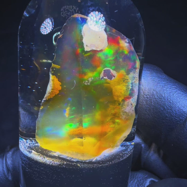 7.15 Gram Natural Ethiopian Welo Crystal Water Opal Specimen – Dominant Neon Green, Fiery Red & Golden Rainbow Fire – Freeform Floating Crystal Opal – Collector Display Grade