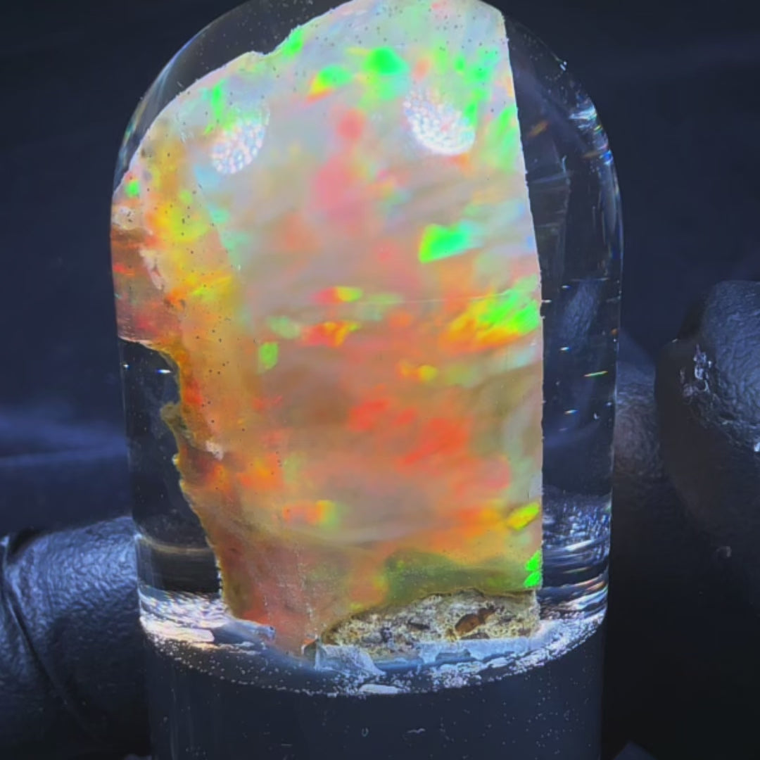 12.40 Gram Natural Ethiopian Welo Crystal Water Opal Specimen – Dominant Neon Green, Peach Orange & Electric Blue Fire – Freeform Rainbow Crystal Opal – Collector Display Grade