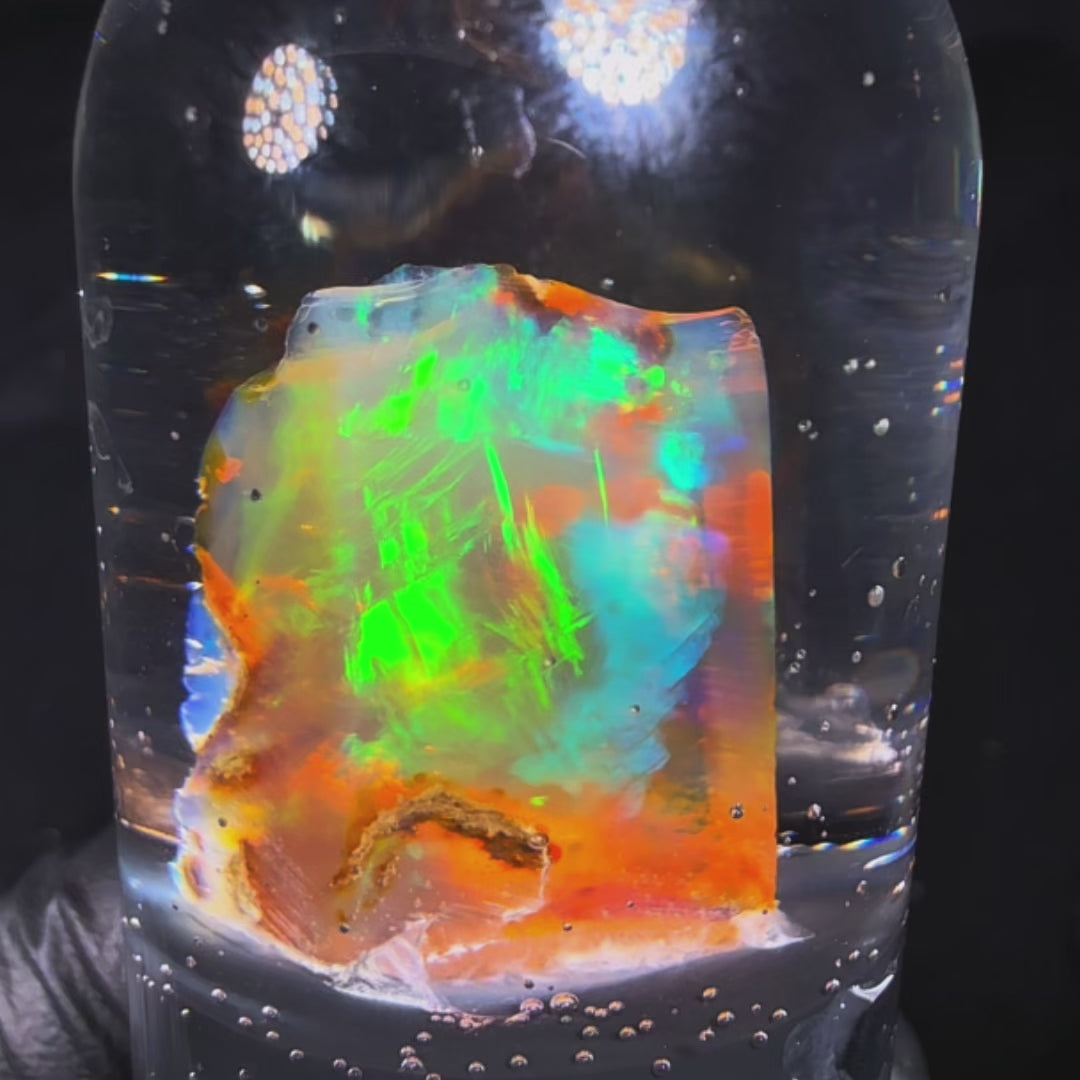 4.66 Gram Natural Ethiopian Welo Crystal Water Opal Specimen – Dominant Neon Green Fire, Fiery Rainbow Flash & Electric Blue Highlights – Freeform Floating Crystal Opal – Collector Display Grade