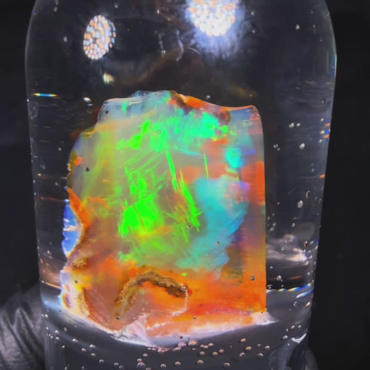 4.66 Gram Natural Ethiopian Welo Crystal Water Opal Specimen – Dominant Neon Green Fire, Fiery Rainbow Flash & Electric Blue Highlights – Freeform Floating Crystal Opal – Collector Display Grade