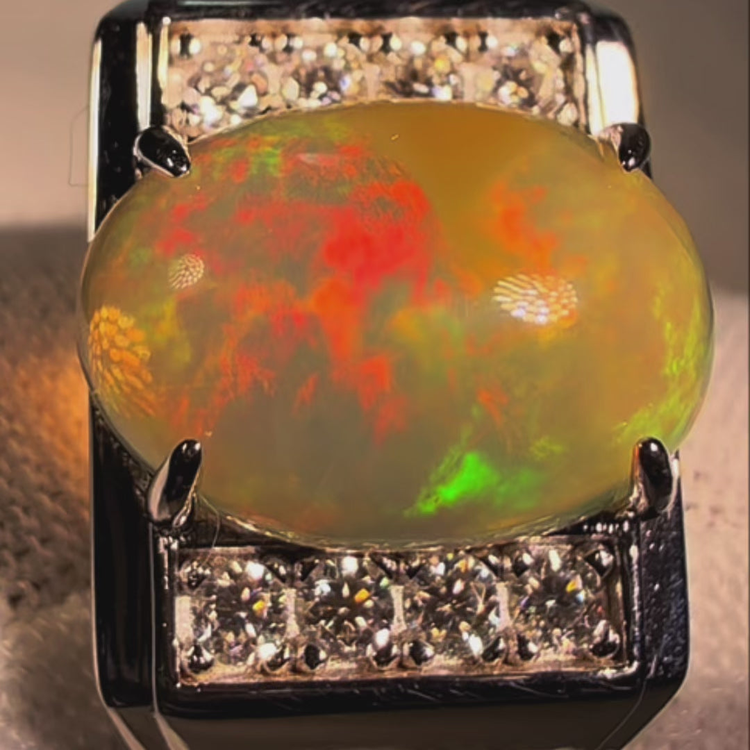 Natural Ethiopian Welo Opal Ring – Dominant Neon Green, Fiery Orange & Bright Red Fire | Luxury Opal Ring