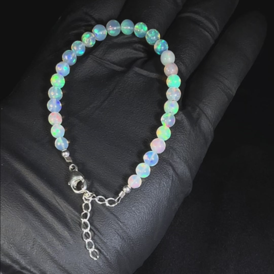 17 Ct AAA Quality Natural Ethiopian Welo Opal Bead Bracelet – Soft Neon Blue, Mint Green & Pastel Rainbow Fire | One-of-a-Kind