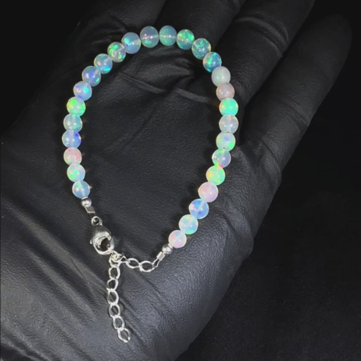 17 Ct AAA Quality Natural Ethiopian Welo Opal Bead Bracelet – Soft Neon Blue, Mint Green & Pastel Rainbow Fire | One-of-a-Kind
