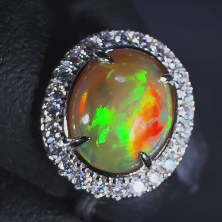 Natural Ethiopian Welo Opal Ring – Dominant Neon Green, Fiery Orange & Bright Red Fire | Luxury Halo Opal Ring