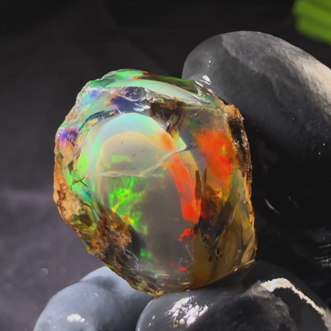 9.76 gr Natural Ethiopian Welo Water Opal – Dominant Fiery Red, Neon Green & Crystal Honey Fire – Raw Water Opal – One-of-a-Kind Collector Grade