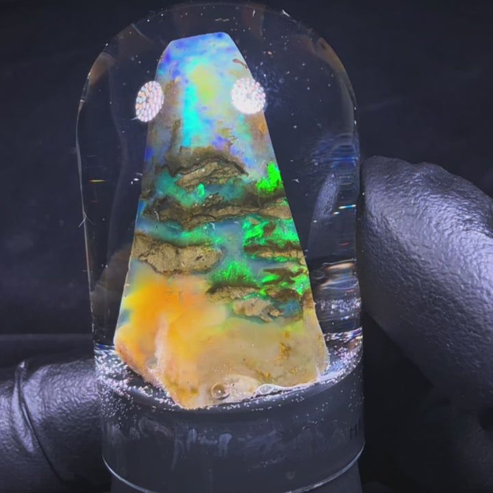 9.93 Gram Natural Ethiopian Welo Crystal Water Opal Specimen – Dominant Electric Green, Ocean Blue & Golden Fire – Freeform Floating Crystal Opal – Collector Display Grade