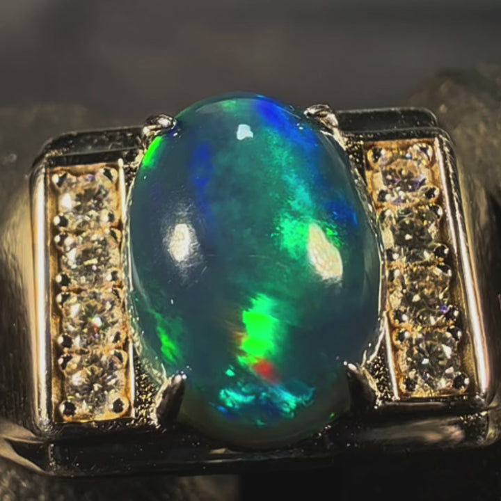 Natural Ethiopian Welo Opal Ring – Dominant Electric Blue, Neon Green & Fiery Red Fire | Luxury Opal Ring