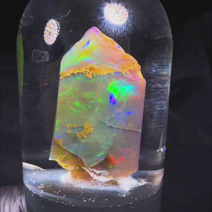 6.05 Gram Natural Ethiopian Welo Crystal Water Opal Specimen – Dominant Fiery Red, Neon Green & Pastel Rainbow Fire – Floating Crystal Display Opal – Collector Grade