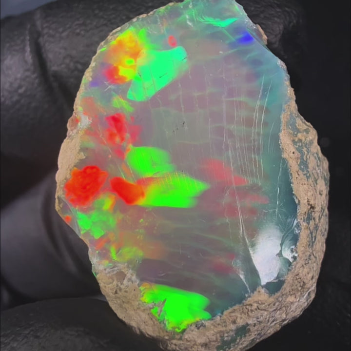 9.97 Gram AAA Quality Natural Ethiopian Welo Rough Opal Featuring Dominant Fiery Red, Neon Green & Electric Blue Play-of-Color | One-of-a-Kind