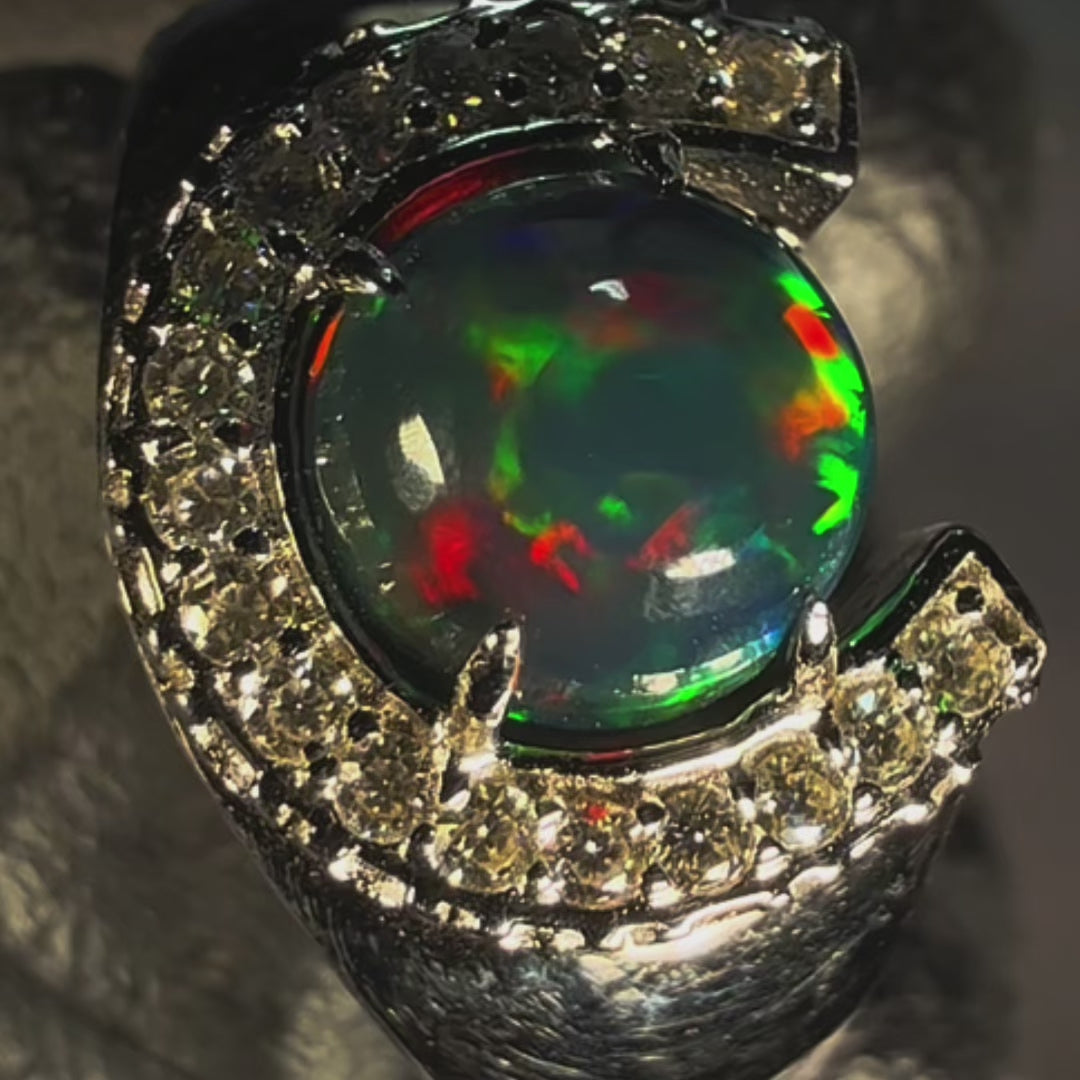 Natural Ethiopian Welo Opal Ring – Dominant Neon Green, Fiery Orange & Electric Blue Fire | Luxury Halo Opal Ring