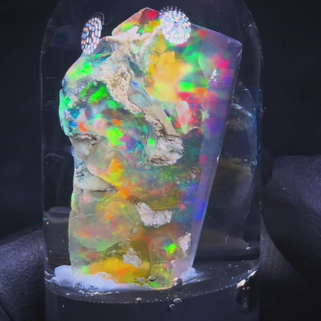 9 Gram Natural Ethiopian Welo Crystal Water Opal Specimen – Dominant Neon Green, Fiery Orange & Golden Broadflash Fire – Freeform Floating Crystal Opal – Collector Display Grade