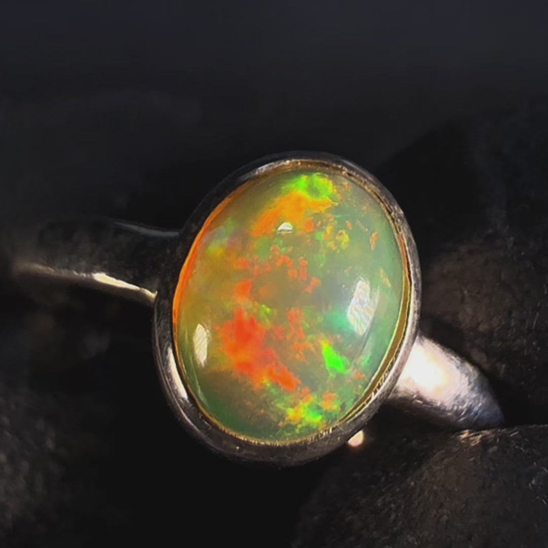Natural Ethiopian Welo Opal Ring – Neon Green & Fiery Orange Crystal Fire | Elegant Oval Opal Ring