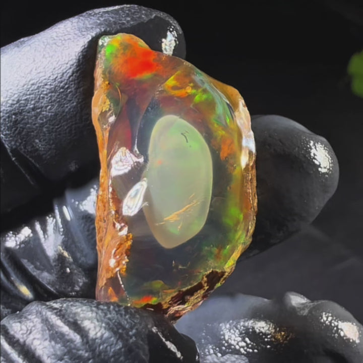 12.50 gr Natural Ethiopian Welo Water Opal – Dominant Honey Crystal, Neon Green & Fiery Red Fire – Raw Water Opal – One-of-a-Kind Collector Grade