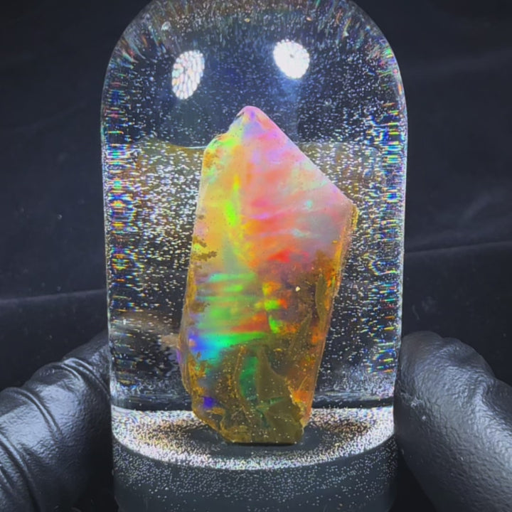 14.66 Gram Natural Ethiopian Welo Water Opal Specimen – Dominant Neon Green, Fiery Red & Golden Honey Fire – Crystal Cut Water Opal – Collector Display Grade