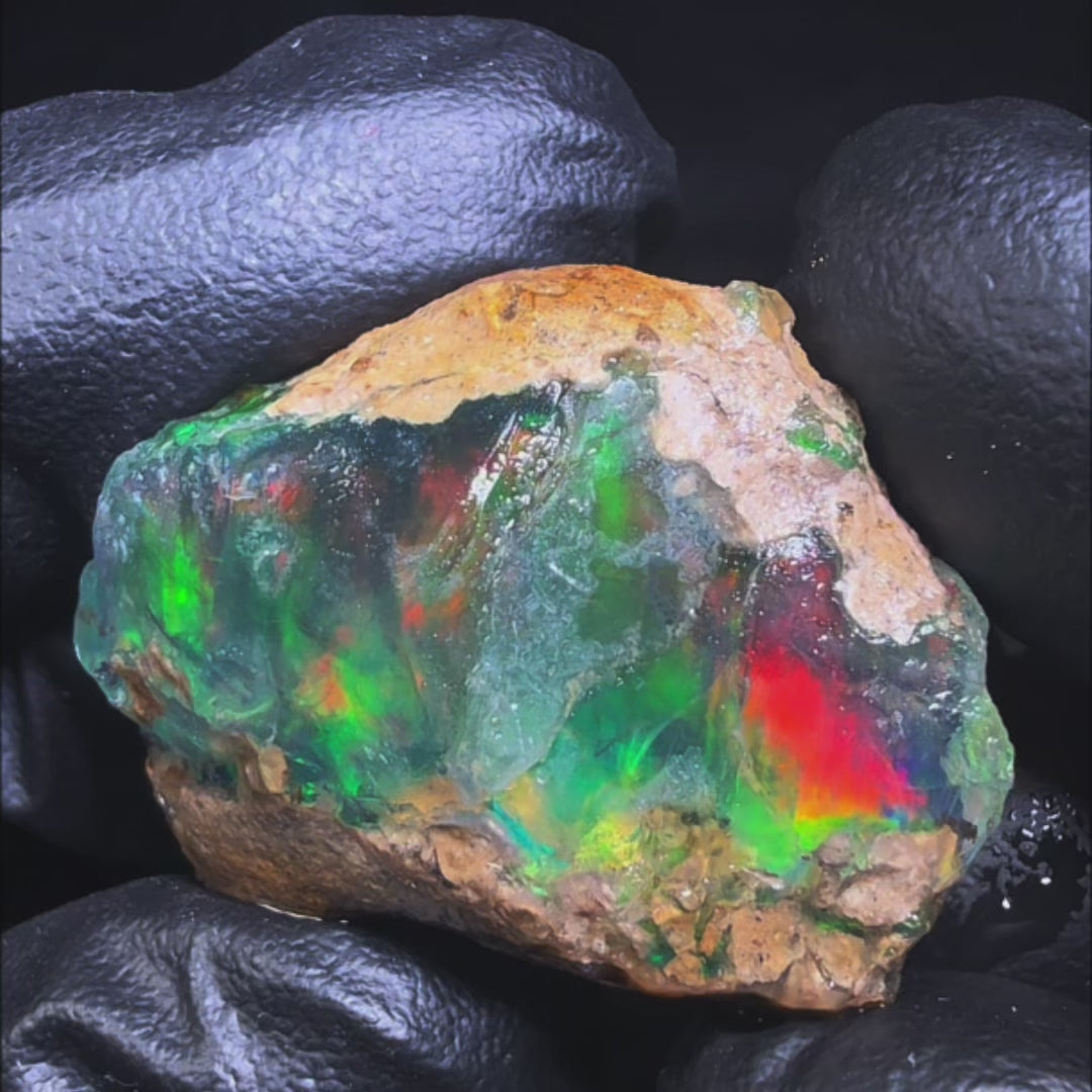 13.18 gr Natural Ethiopian Welo Water Opal – Dominant Neon Green, Fiery Red & Electric Orange Fire – Raw Water Opal – One-of-a-Kind Collector Grade