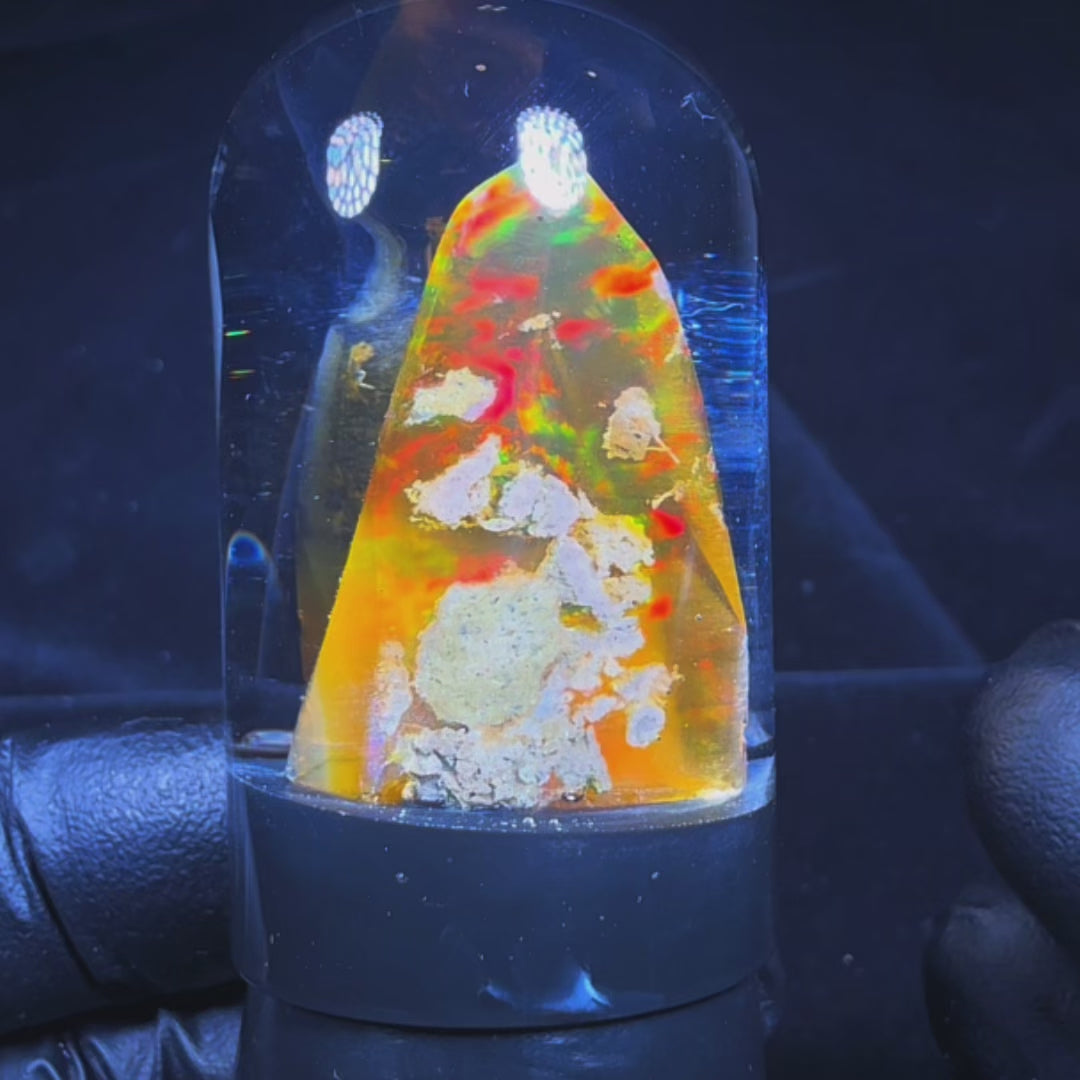 7.09 Gram Natural Ethiopian Welo Crystal Water Opal Specimen – Dominant Fiery Red, Neon Green & Golden Orange Fire – Freeform Honey Crystal Opal – Collector Display Grade