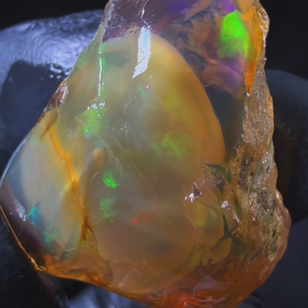 14.04 gr Natural Ethiopian Welo Water Opal – Dominant Crystal Honey, Neon Green & Fiery Red Fire – Raw Water Opal – One-of-a-Kind Collector Grade