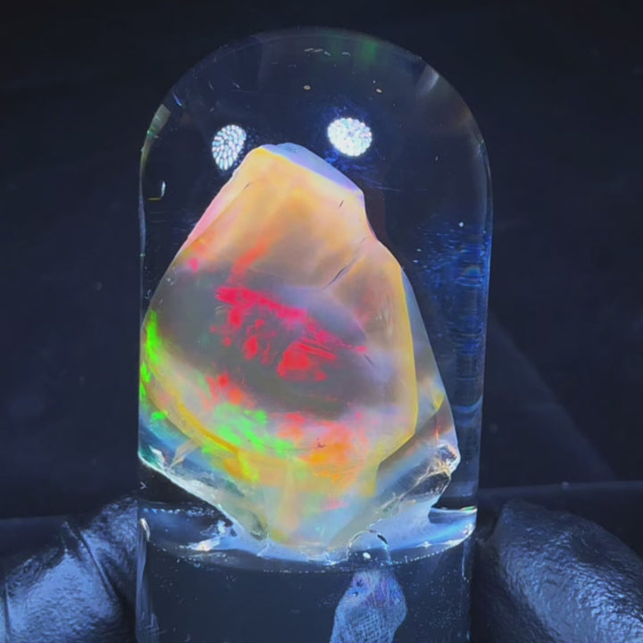 11.36 Gram Natural Ethiopian Welo Crystal Water Opal Specimen – Dominant Fiery Red, Neon Green & Golden Fire – Freeform Floating Crystal Opal – Collector Display Grade