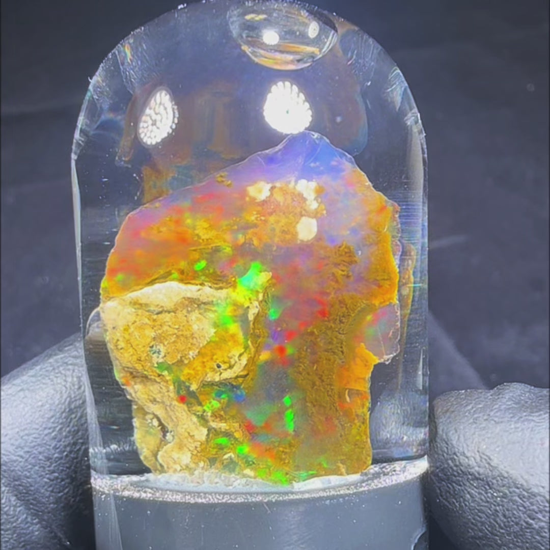 7.4 Gram Natural Ethiopian Welo Crystal Water Opal Specimen – Dominant Fiery Multicolor Flash, Neon Green & Golden Honey Fire – Freeform Floating Crystal Opal – Collector Display Grade