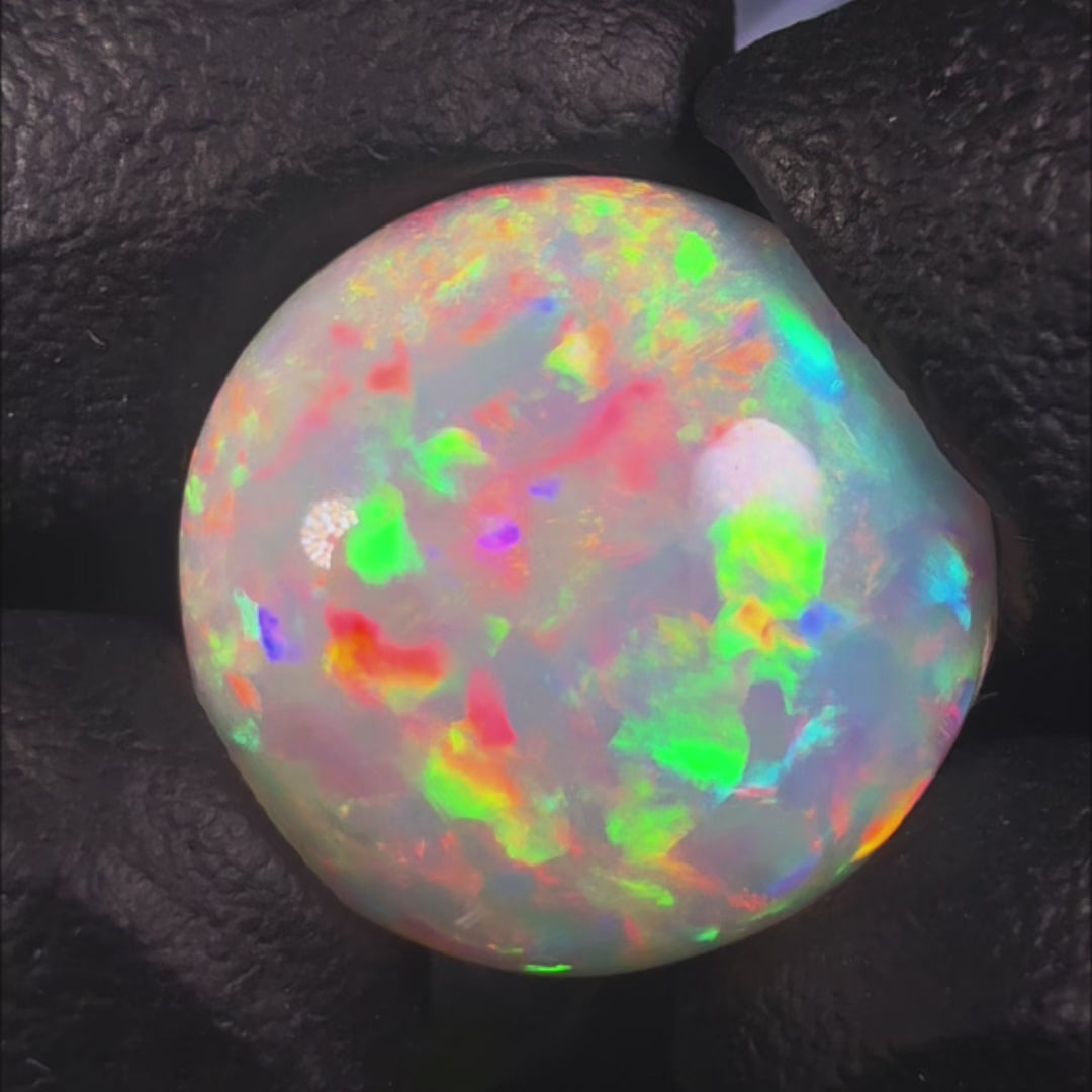 14.13ct AAA Quality Natural Ethiopian Welo Opal – Round Cabochon – Intense Fiery Red, Neon Green & Electric Blue Fire – Floral Mosaic Pattern – AAA Collector Grade