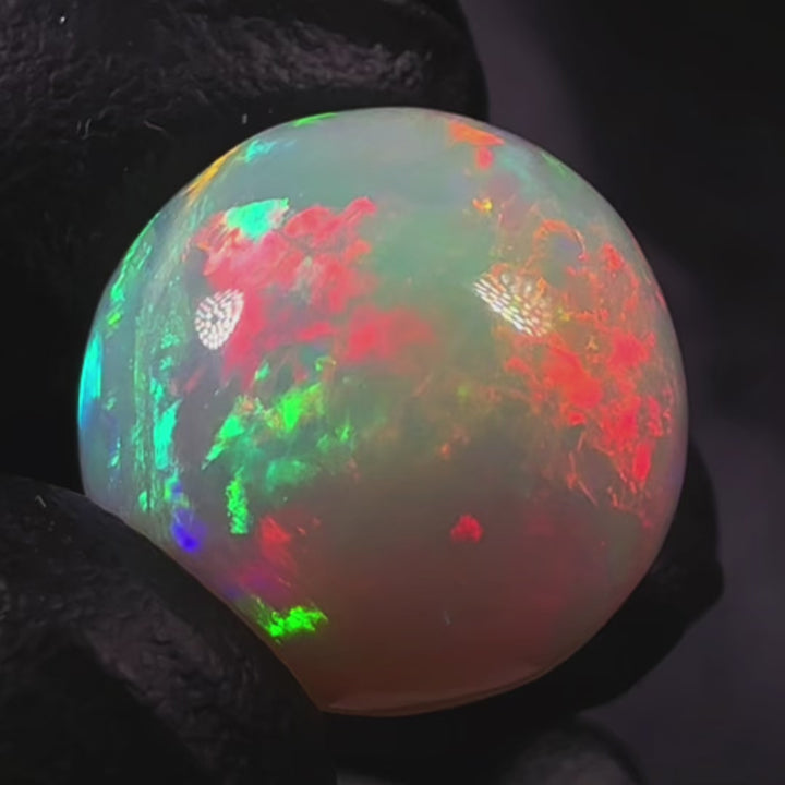 22.8 Ct AAA Quality Natural Ethiopian Welo Opal Sphere / Marble – Dominant Neon Green, Cherry Red & Fiery Orange Fire – Broadflash Rolling Fire Pattern – AAA Collector Grade