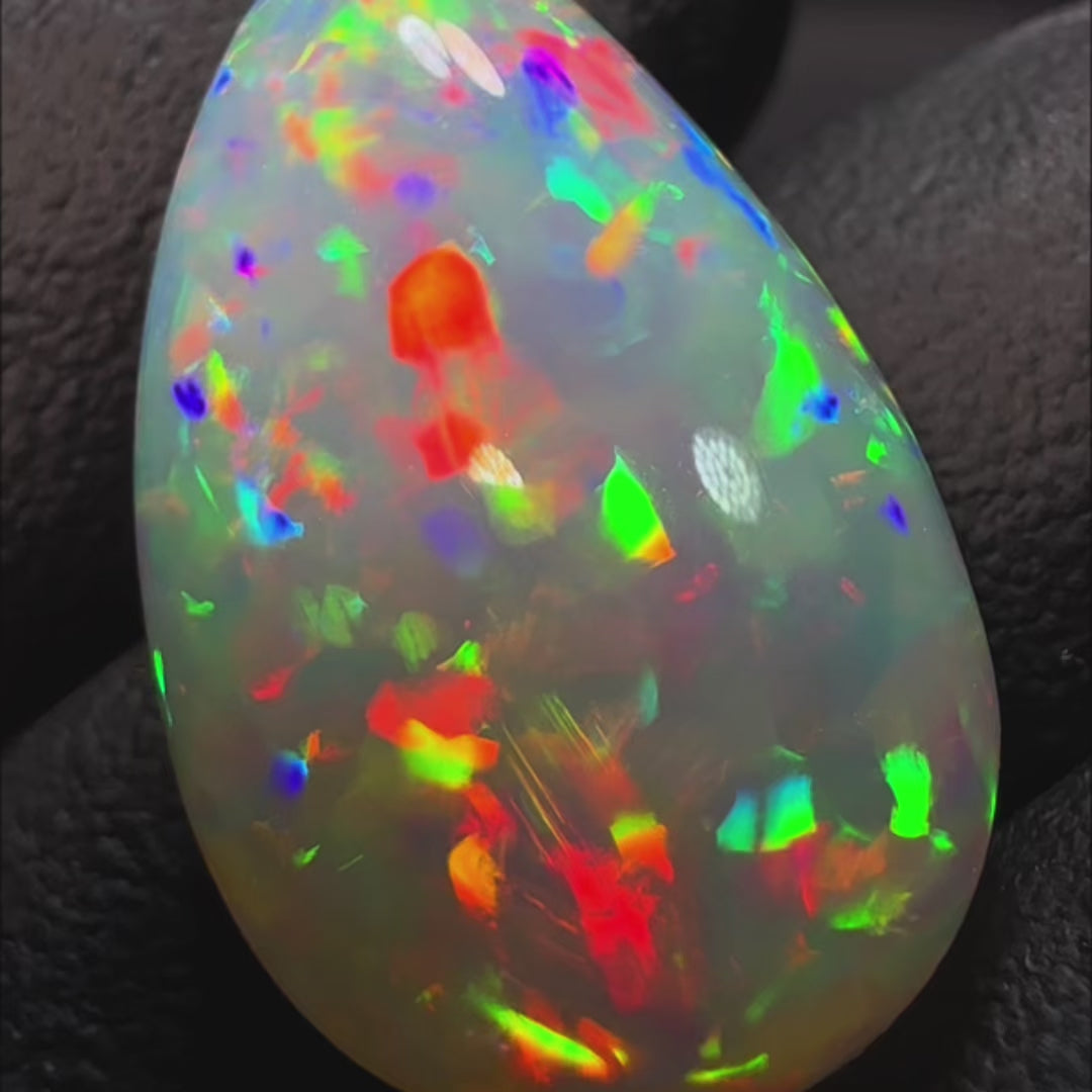 12.37ct AAA quality Natural Ethiopian Welo Opal – Pear Cabochon – Fiery Red, Neon Green & Electric Blue Fire – Mosaic Broadflash Pattern – AAA Collector Grade