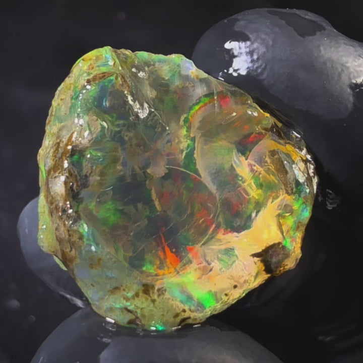7.31 gr Natural Ethiopian Welo Water Opal – Dominant Fiery Red, Neon Green & Electric Blue Fire – Raw Water Opal – Collector Grade