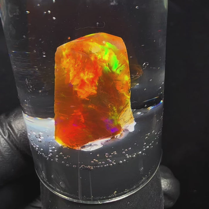 3.98 Gram Natural Ethiopian Welo Crystal Water Opal Specimen – Dominant Neon Green Fire, Fiery Rainbow Flash & Golden Orange Glow – Freeform Floating Crystal Opal – Collector Display Grade