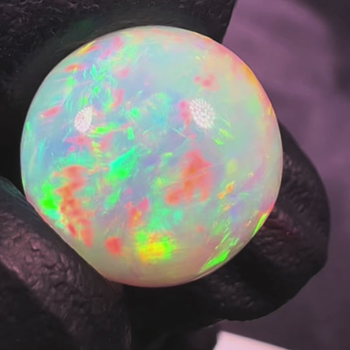 12.19 Ct AAA Quality Natural Ethiopian Welo Opal Sphere / Marble – Dominant Cherry Red, Neon Green & Fiery Orange Fire – Broadflash Floral Pattern – AAA Collector Grade