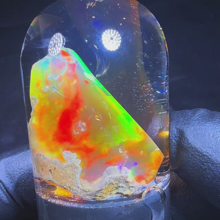 11.05 Gram Natural Ethiopian Welo Crystal Water Opal Specimen – Dominant Fiery Red, Neon Green & Golden Broadflash Fire – Freeform Floating Crystal Opal – Collector Display Grade
