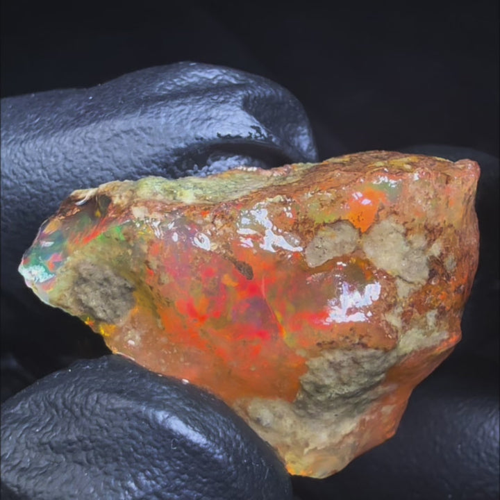 7.9 gr Natural Ethiopian Welo Water Opal – Dominant Fiery Red, Neon Orange & Electric Green Fire – Raw Water Opal – One-of-a-Kind Collector Grade