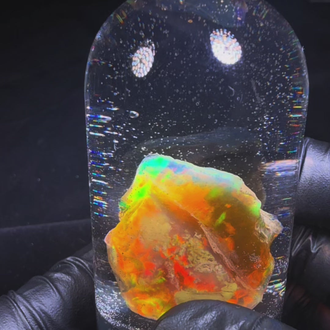 14.39 Gram Natural Ethiopian Welo Rough Opal Jar – Dominant Neon Green, Fiery Orange & Electric Blue Fire – Crystal Rough Opal Material – Collector & Lapidary Grade