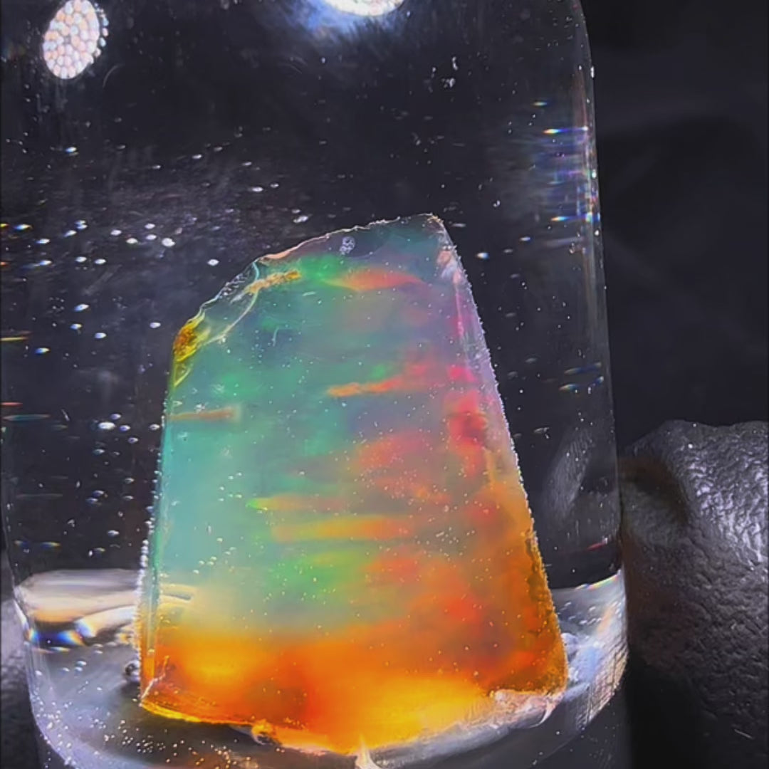 4.41 Gram Natural Ethiopian Welo Crystal Water Opal Specimen – Neon Green Ribbon Fire, Fiery Orange Glow & Pastel Crystal Flash – Freeform Floating Opal Display – Collector Grade