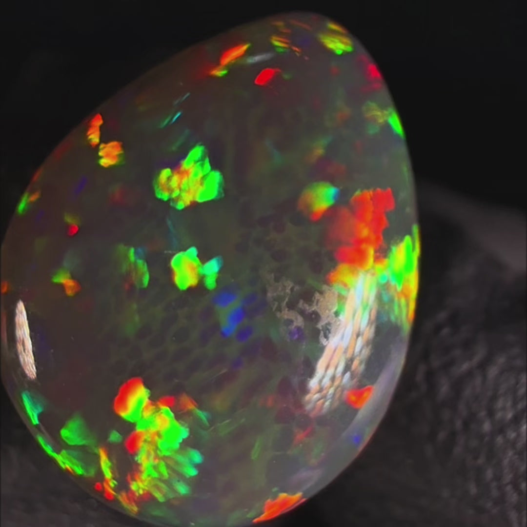 5.3ct AAA quality Natural Ethiopian Welo Opal – Pear Cabochon – Intense Fiery Red, Neon Green & Electric Blue Fire – Honeycomb Mosaic Pattern – AAA Collector Grade