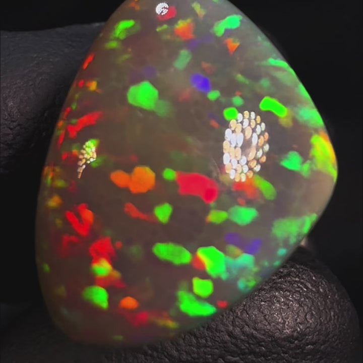 9.99ct AAA quality Natural Ethiopian Welo Opal – Freeform Cabochon – Deep Cherry Red, Neon Green & Fiery Orange Fire – Dark Honeycomb Flash Pattern – AAA Collector Grade