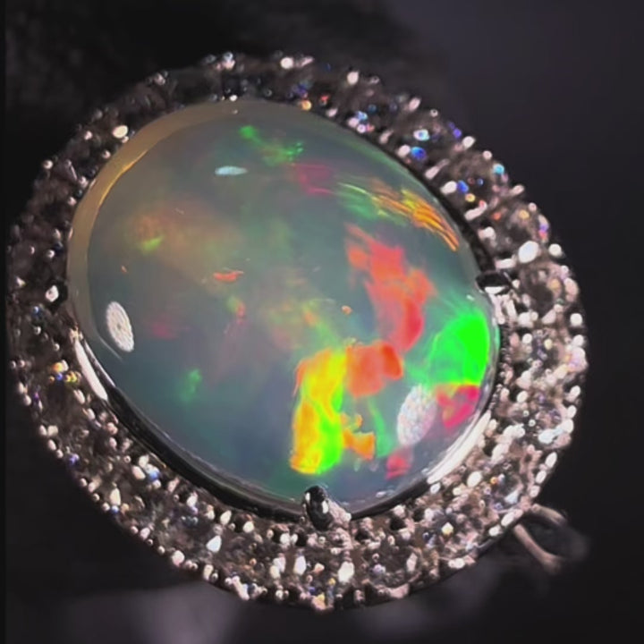 Natural Ethiopian Welo Opal Ring – Dominant Neon Green, Fiery Orange & Bright Red Fire | Luxury Halo Opal Ring