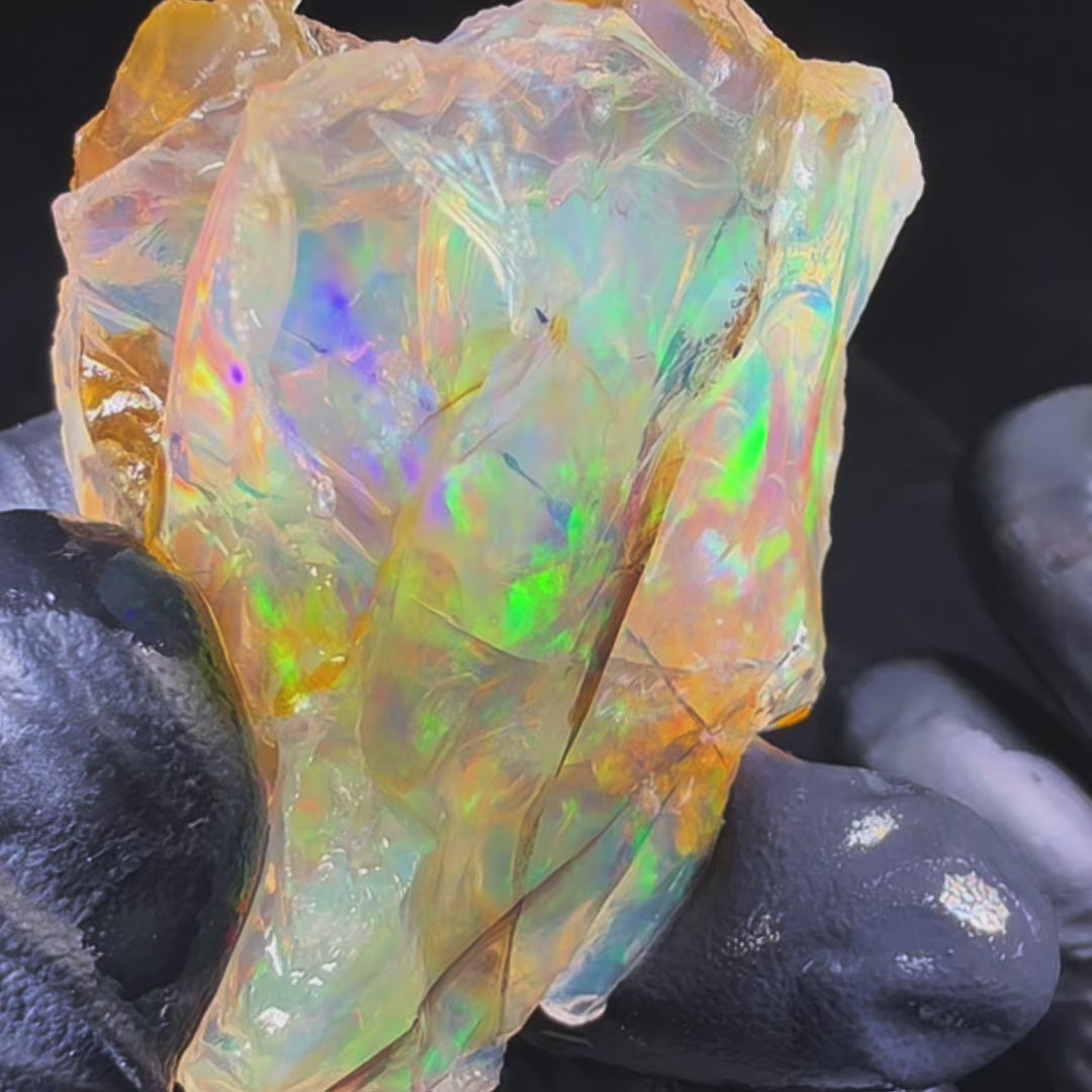 71.1 gr Natural Ethiopian Welo Water Opal – Dominant Neon Green, Golden Honey & Rainbow Fire – Raw Water Opal – Collector Grade