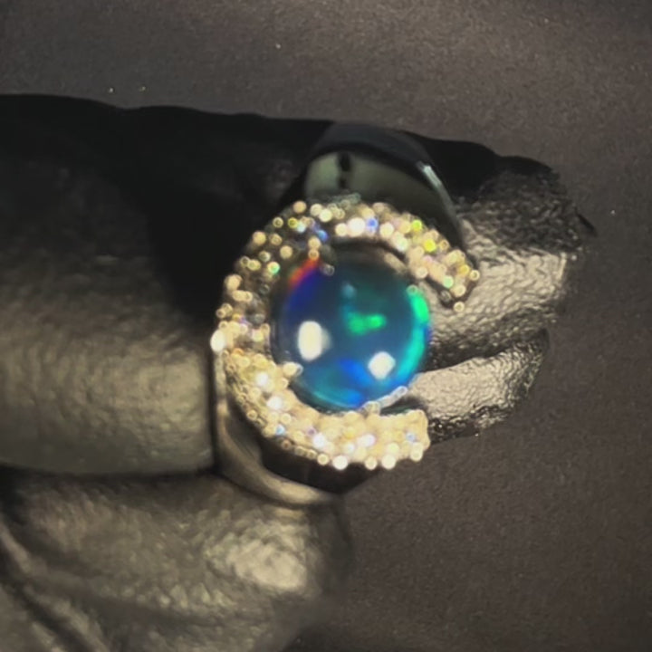 Black Opal Horseshoe Halo Ring Round Cabochon – Aurora Ocean Fire