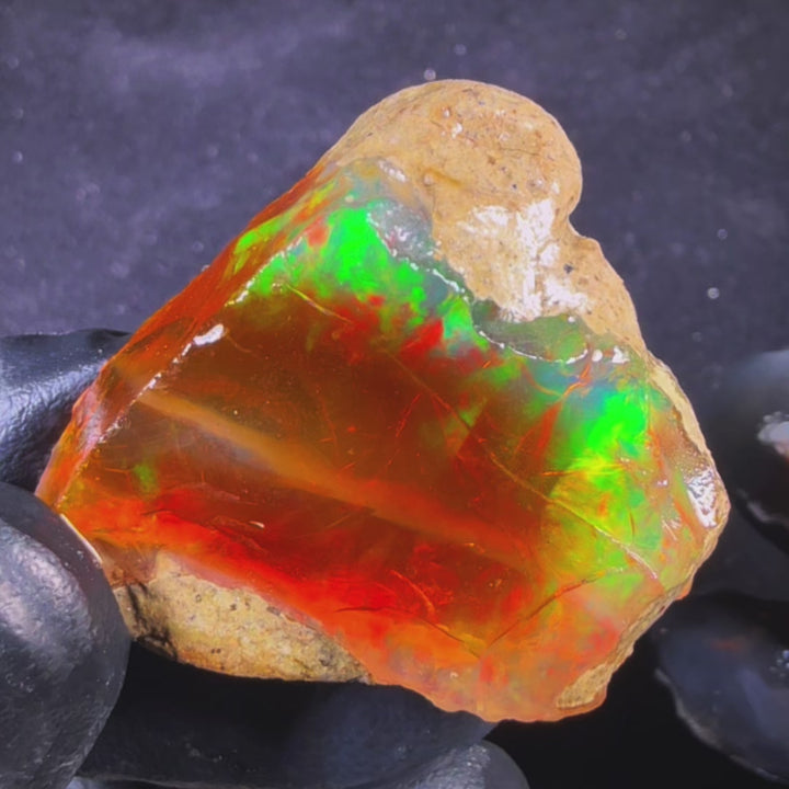 19.9 gr Natural Ethiopian Welo Water Opal – Dominant Fiery Red, Neon Green & Electric Blue Fire – Raw Water Opal – Collector Grade