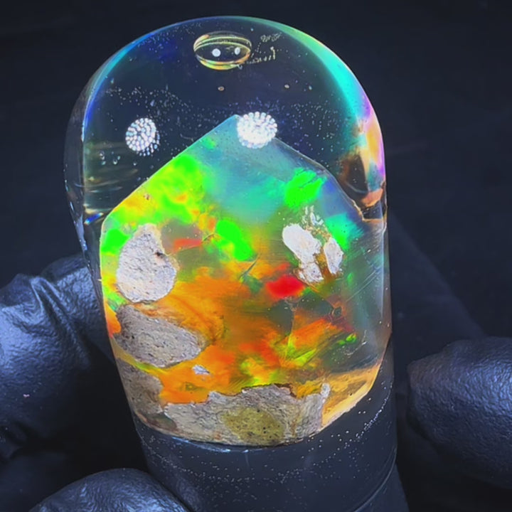13.21 Gram Natural Ethiopian Welo Crystal Water Opal Specimen – Neon Green Broadflash & Fiery Orange Crystal Fire – Premium Freeform Opal
